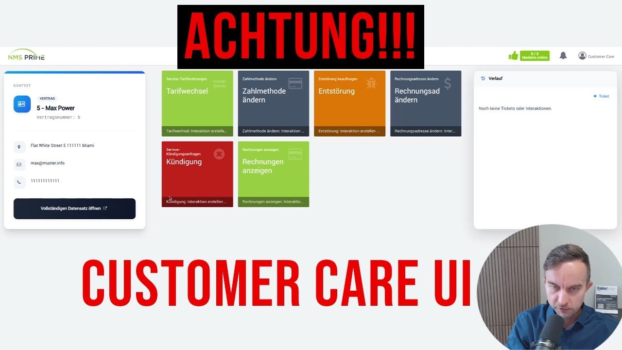 Customer-Care-Arbeitsbereich mit Kundenkontext, geführten Aktionskacheln und Interaktionshistorie