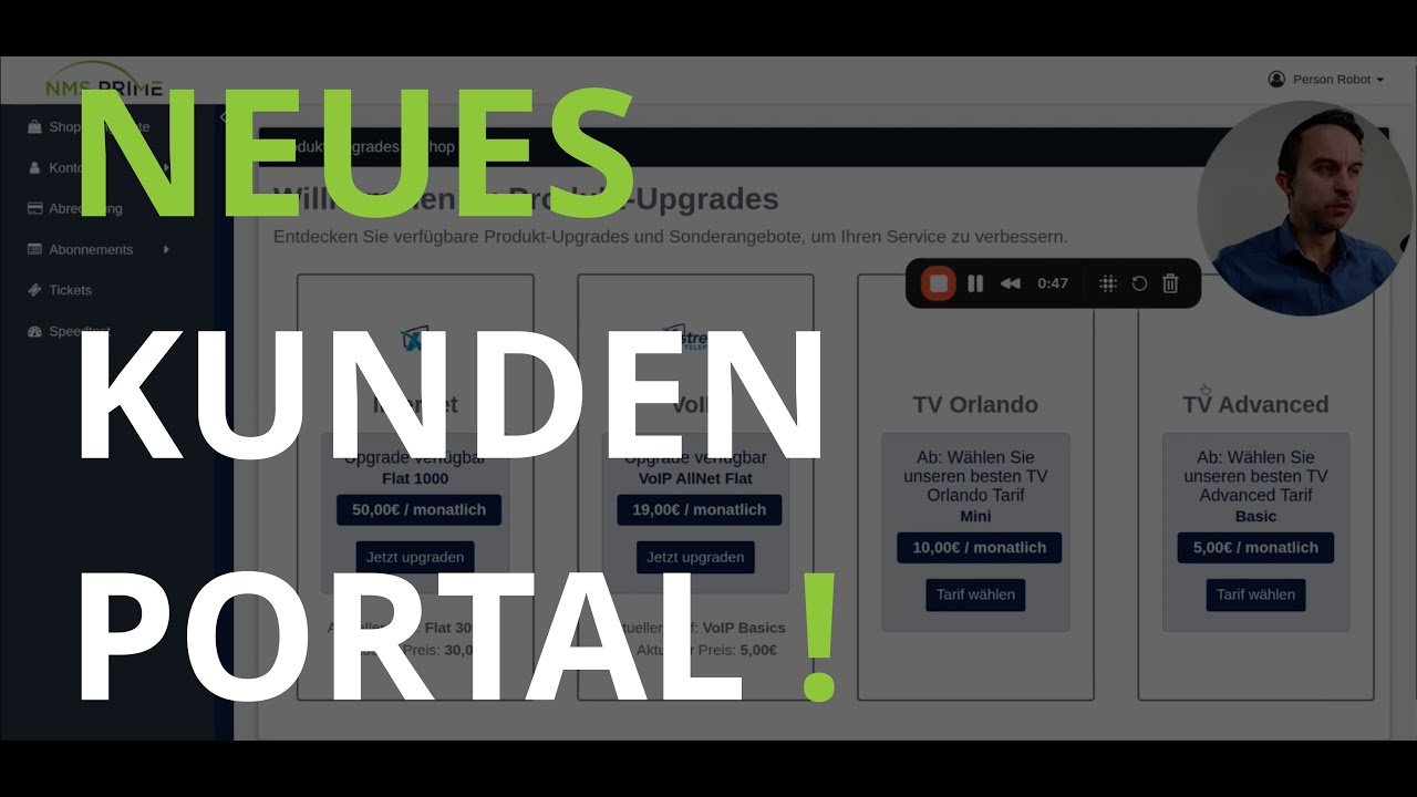 Kundenportal mit Upgrade-Karten für Internet, VoIP und TV
