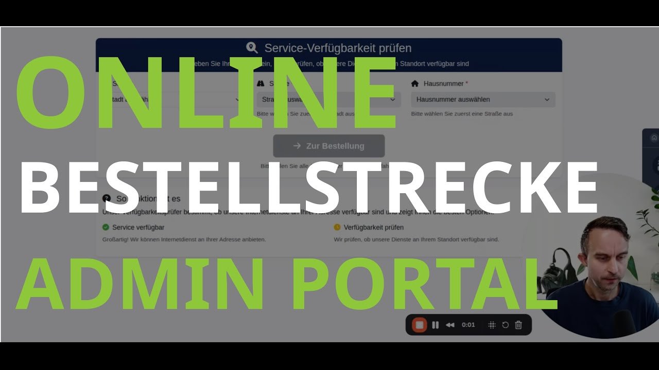 Video-Vorschaubild mit dem Adressformular der Verfügbarkeitsprüfung hinter der Überschrift „Online-Bestellstrecke Admin Portal“