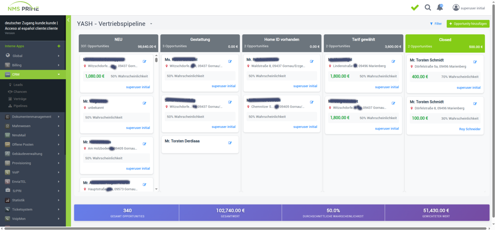 Prime Sales Kanban funnel with configurable stages and weighted totals