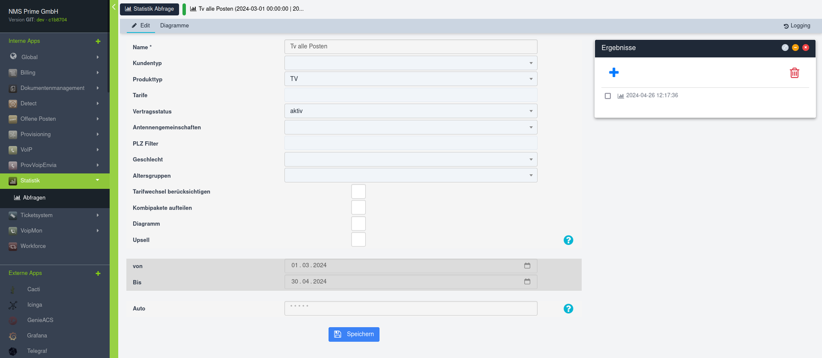 NMS Prime Abfragegenerator für Statistiken mit Produkt-, Tarif- und Zeitraumfiltern