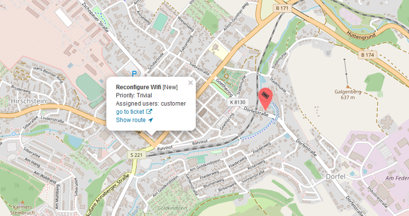 NMS Prime ticket pinned on a street map with a route to the customer